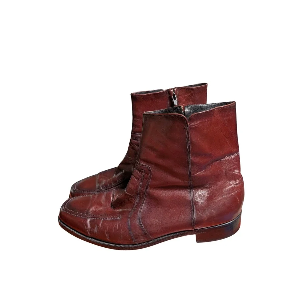 Florsheim Mens Burgundy Leather Side Zip Moc Toe Ankle Boots Vintage Style